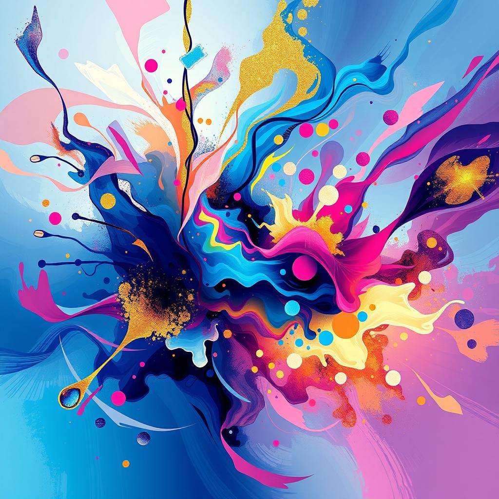 A vibrant and colorful digital painting inspired by the photos, showcasing an abstract blend of shapes and forms that reflect the essence and emotions found in the original images