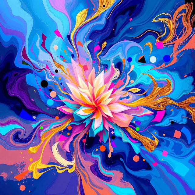 A vibrant and colorful digital painting inspired by the photos, showcasing an abstract blend of shapes and forms that reflect the essence and emotions found in the original images