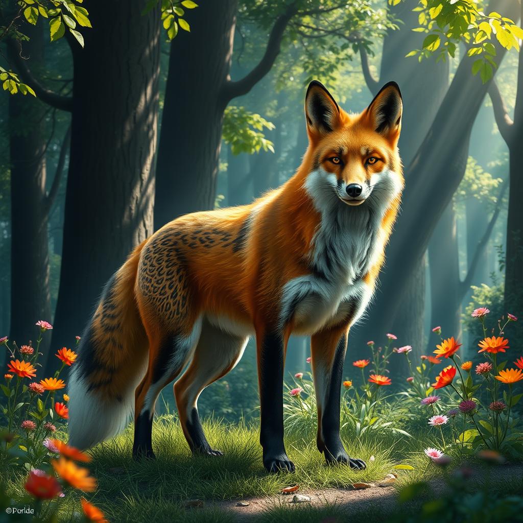 A powerful, majestic fox standing confidently in a lush forest, surrounded by towering trees and vibrant, colorful flowers