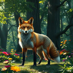 A powerful, majestic fox standing confidently in a lush forest, surrounded by towering trees and vibrant, colorful flowers