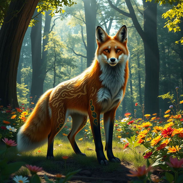 A powerful, majestic fox standing confidently in a lush forest, surrounded by towering trees and vibrant, colorful flowers