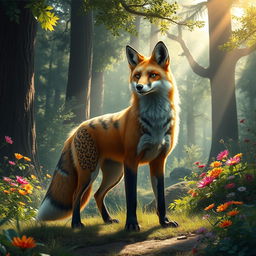 A powerful, majestic fox standing confidently in a lush forest, surrounded by towering trees and vibrant, colorful flowers