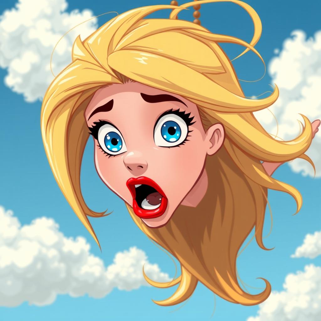 A beautiful blonde cartoon woman with striking blue eyes and vibrant red lips, depicted in a whimsical style, is falling from the sky