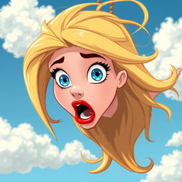 A beautiful blonde cartoon woman with striking blue eyes and vibrant red lips, depicted in a whimsical style, is falling from the sky