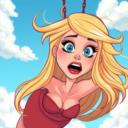 A beautiful blonde cartoon woman with striking blue eyes and vibrant red lips, depicted in a whimsical style, is falling from the sky