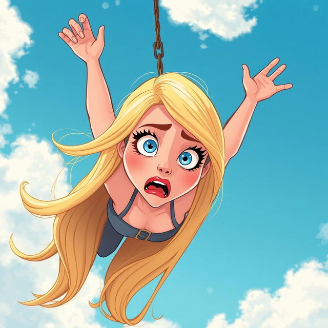 A beautiful blonde cartoon woman with striking blue eyes and vibrant red lips, depicted in a whimsical style, is falling from the sky