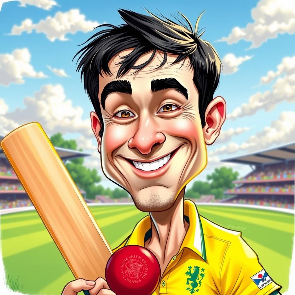 A realistic caricature of a man wearing a bright yellow cricket jersey, showcasing a playful and exaggerated expression
