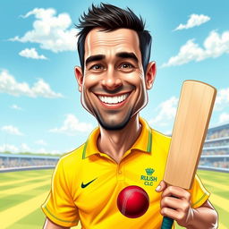A realistic caricature of a man wearing a bright yellow cricket jersey, showcasing a playful and exaggerated expression