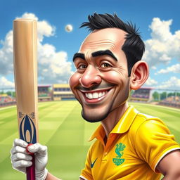 A realistic caricature of a man wearing a bright yellow cricket jersey, showcasing a playful and exaggerated expression