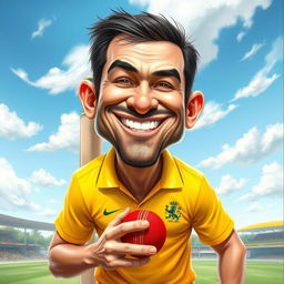 A realistic caricature of a man wearing a bright yellow cricket jersey, showcasing a playful and exaggerated expression