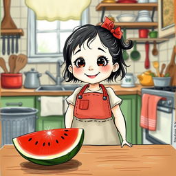 A whimsical drawing of a two-year-old little girl with big bright eyes and a joyful expression, wearing a playful apron