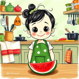 A whimsical drawing of a two-year-old little girl with big bright eyes and a joyful expression, wearing a playful apron