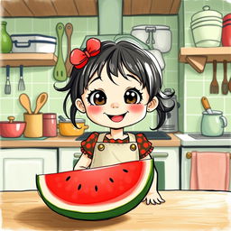 A whimsical drawing of a two-year-old little girl with big bright eyes and a joyful expression, wearing a playful apron