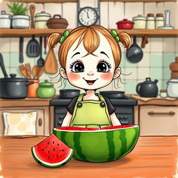 A whimsical drawing of a two-year-old little girl with big bright eyes and a joyful expression, wearing a playful apron