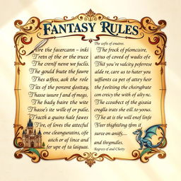 A beautifully illustrated set of ornate fantasy rules displayed on a parchment-like background, featuring elegant calligraphy and intricate designs