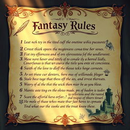 A beautifully illustrated set of ornate fantasy rules displayed on a parchment-like background, featuring elegant calligraphy and intricate designs