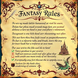 A beautifully illustrated set of ornate fantasy rules displayed on a parchment-like background, featuring elegant calligraphy and intricate designs