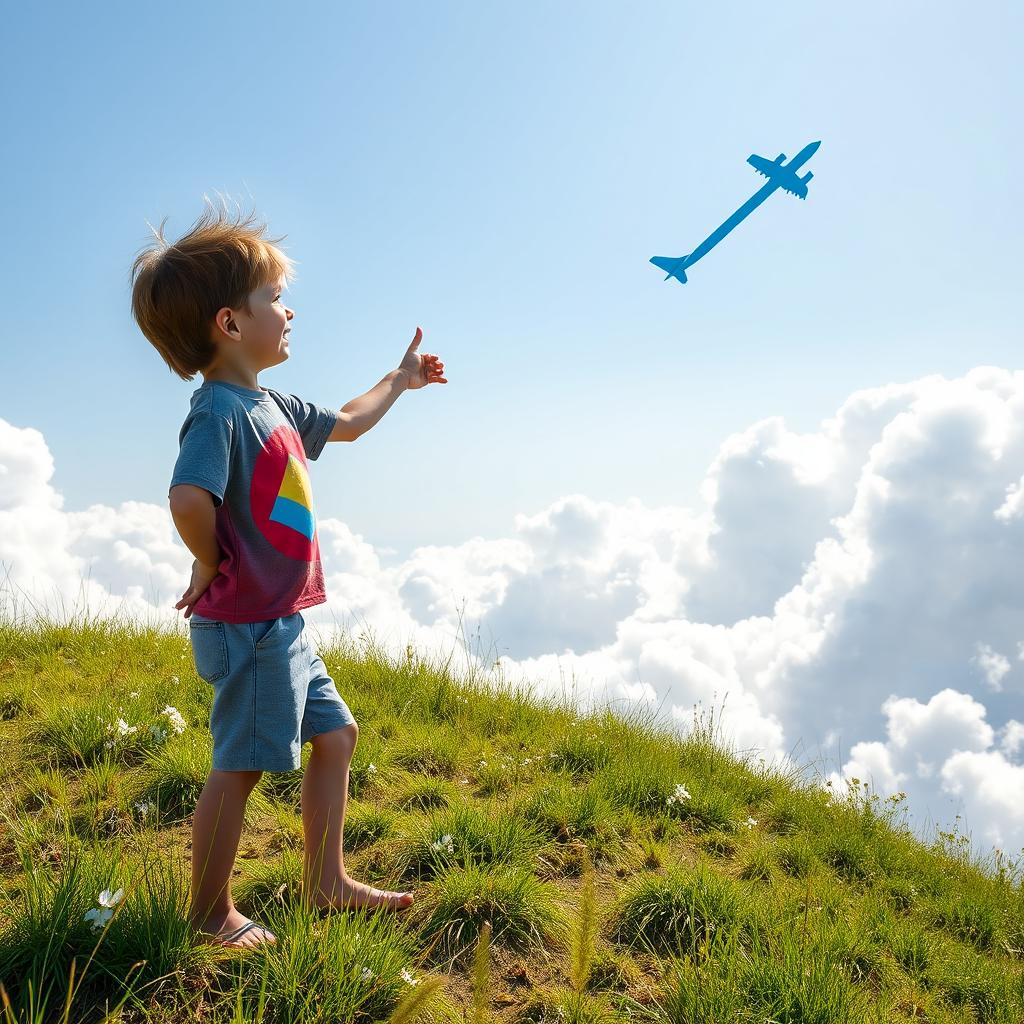 A young boy standing on a grassy hillside, gazing up in awe at a bright blue airplane soaring through the clear sky