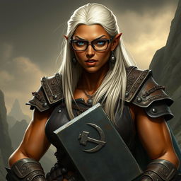 A tall, muscular half-orc with terracotta skin, her straight platinum blonde hair cascading down her back to her waist