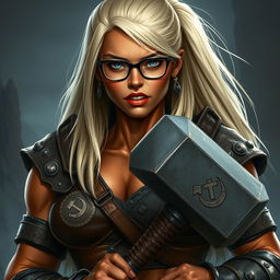 A tall, muscular half-orc with terracotta skin, her straight platinum blonde hair cascading down her back to her waist