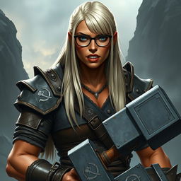 A tall, muscular half-orc with terracotta skin, her straight platinum blonde hair cascading down her back to her waist