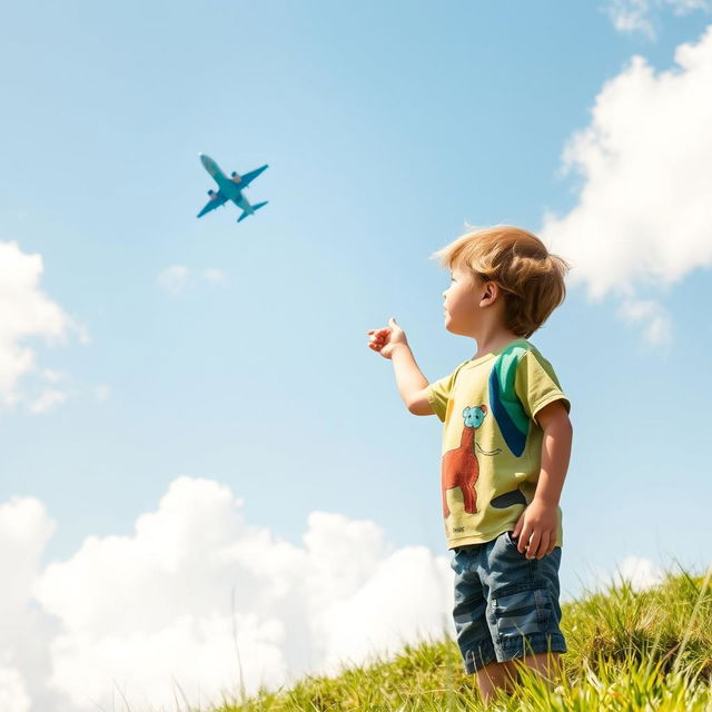 A young boy standing on a grassy hillside, gazing up in awe at a bright blue airplane soaring through the clear sky