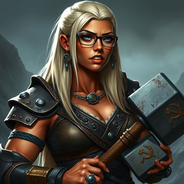 A tall, muscular half-orc with terracotta skin, her straight platinum blonde hair cascading down her back to her waist