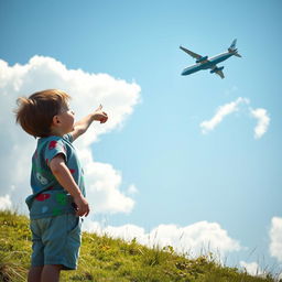 A young boy standing on a grassy hillside, gazing up in awe at a bright blue airplane soaring through the clear sky