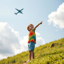 A young boy standing on a grassy hillside, gazing up in awe at a bright blue airplane soaring through the clear sky