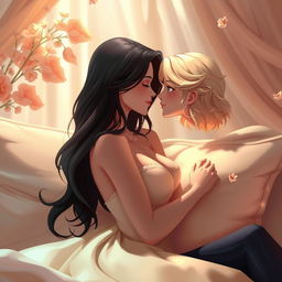 A sensual and intimate scene featuring a couple in a romantic embrace