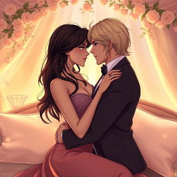 A sensual and intimate scene featuring a couple in a romantic embrace