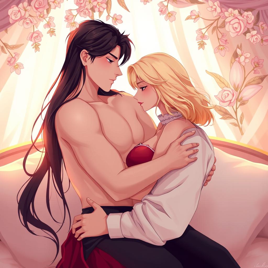 A sensual and intimate scene featuring a couple in a romantic embrace