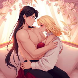 A sensual and intimate scene featuring a couple in a romantic embrace