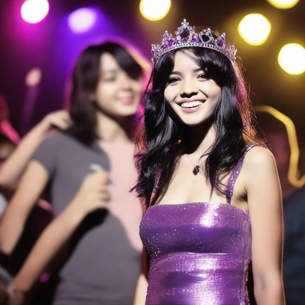 A realistic, high-quality photograph of a 20-year-old famous singer with shoulder-length black hair highlighted by a purple stripe