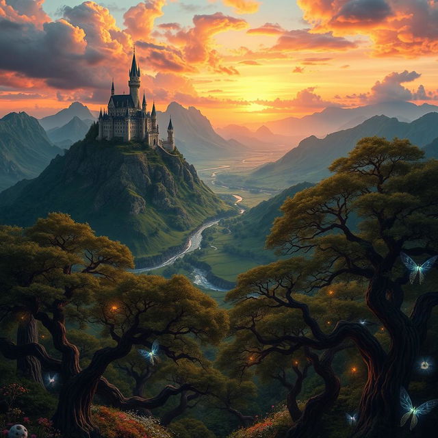 A fantasy landscape featuring a majestic castle perched on a mountain peak, surrounded by lush green valleys and flowing rivers below