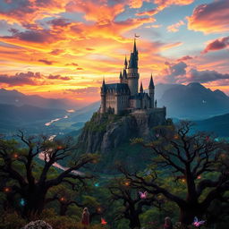 A fantasy landscape featuring a majestic castle perched on a mountain peak, surrounded by lush green valleys and flowing rivers below