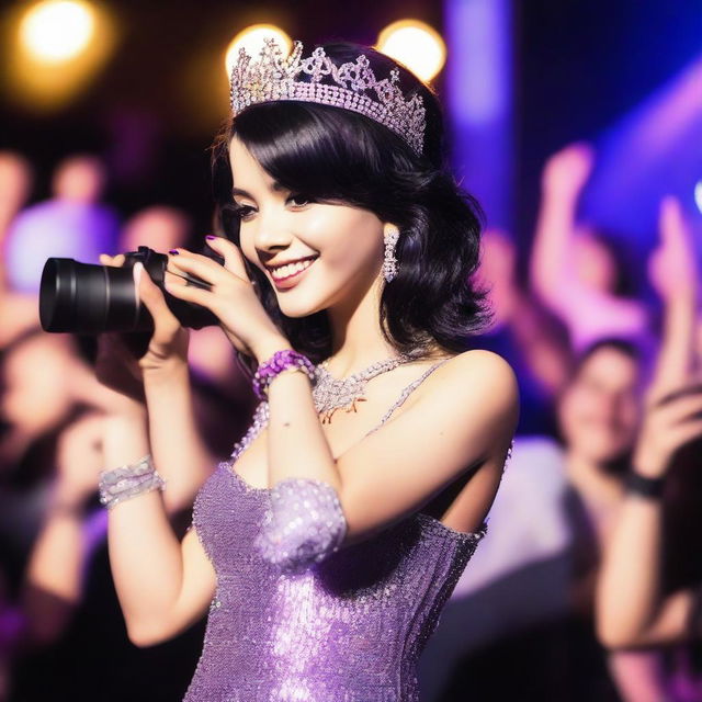 A realistic, high-quality photograph of a 20-year-old famous singer with shoulder-length black hair highlighted by a purple stripe