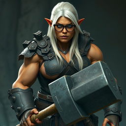 A tall, muscular orc with terracotta skin, her straight platinum blonde hair cascading down her back to her waist