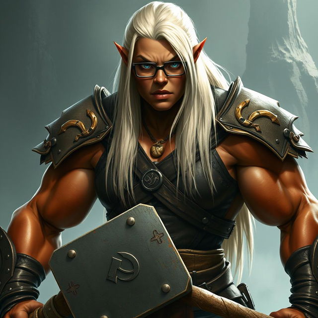 A tall, muscular orc with terracotta skin, her straight platinum blonde hair cascading down her back to her waist