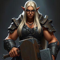 A tall, muscular orc with terracotta skin, her straight platinum blonde hair cascading down her back to her waist