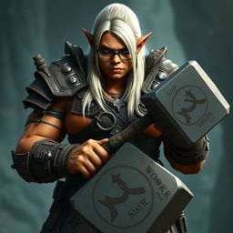A tall, muscular orc with terracotta skin, her straight platinum blonde hair cascading down her back to her waist