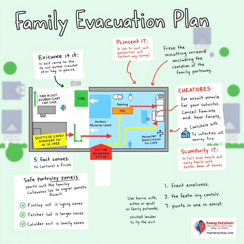 A detailed and colorful sketch of a Family Evacuation Plan, featuring an easy-to-follow layout of a house with designated exits and evacuation routes