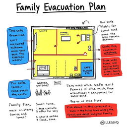 A detailed and colorful sketch of a Family Evacuation Plan, featuring an easy-to-follow layout of a house with designated exits and evacuation routes