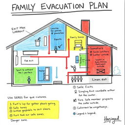 A detailed and colorful sketch of a Family Evacuation Plan, featuring an easy-to-follow layout of a house with designated exits and evacuation routes
