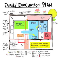 A detailed and colorful sketch of a Family Evacuation Plan, featuring an easy-to-follow layout of a house with designated exits and evacuation routes