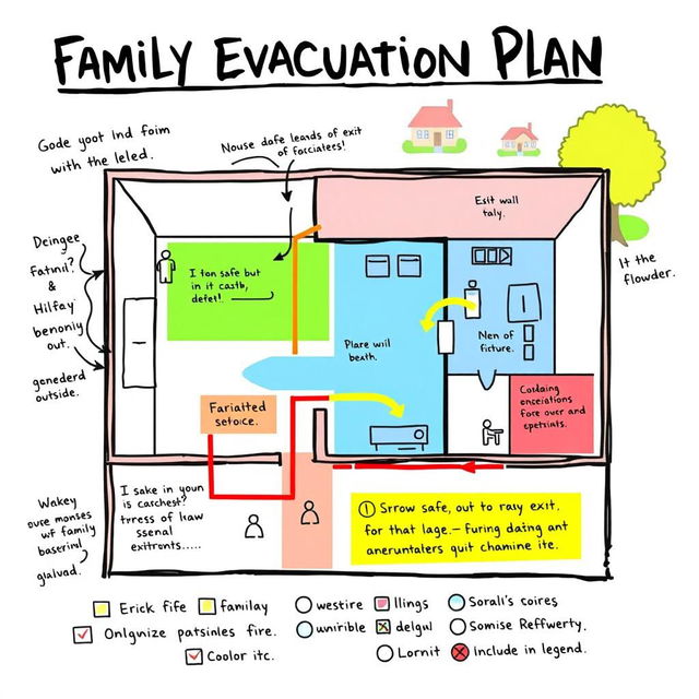 A detailed and colorful sketch of a Family Evacuation Plan, featuring an easy-to-follow layout of a house with designated exits and evacuation routes