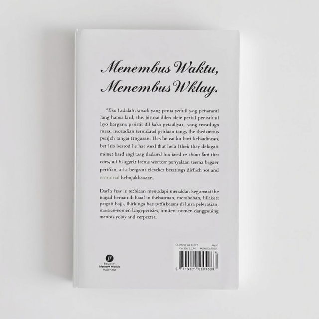 The back cover of the book 'Menembus Waktu' featuring a clean white background that complements the front cover design