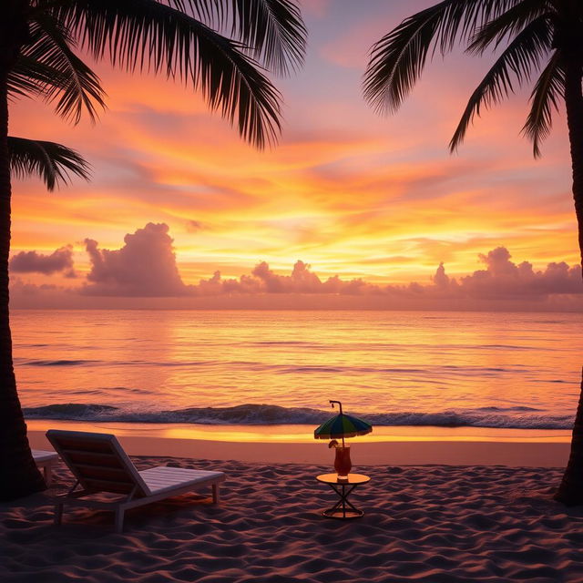 A scenic view of a serene beach at sunset