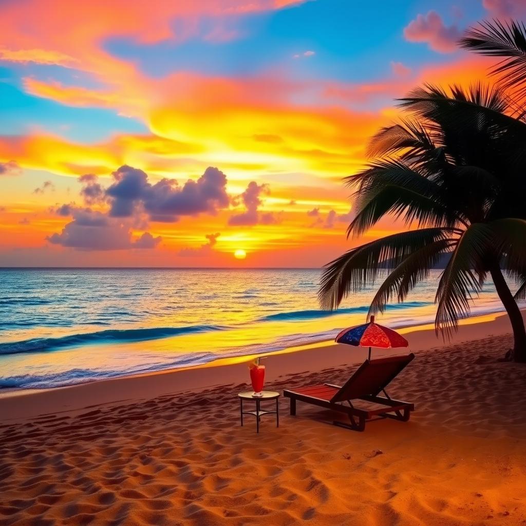 A scenic view of a serene beach at sunset