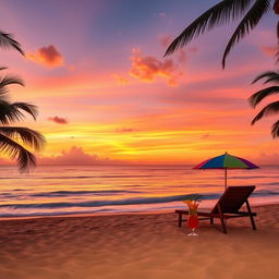 A scenic view of a serene beach at sunset